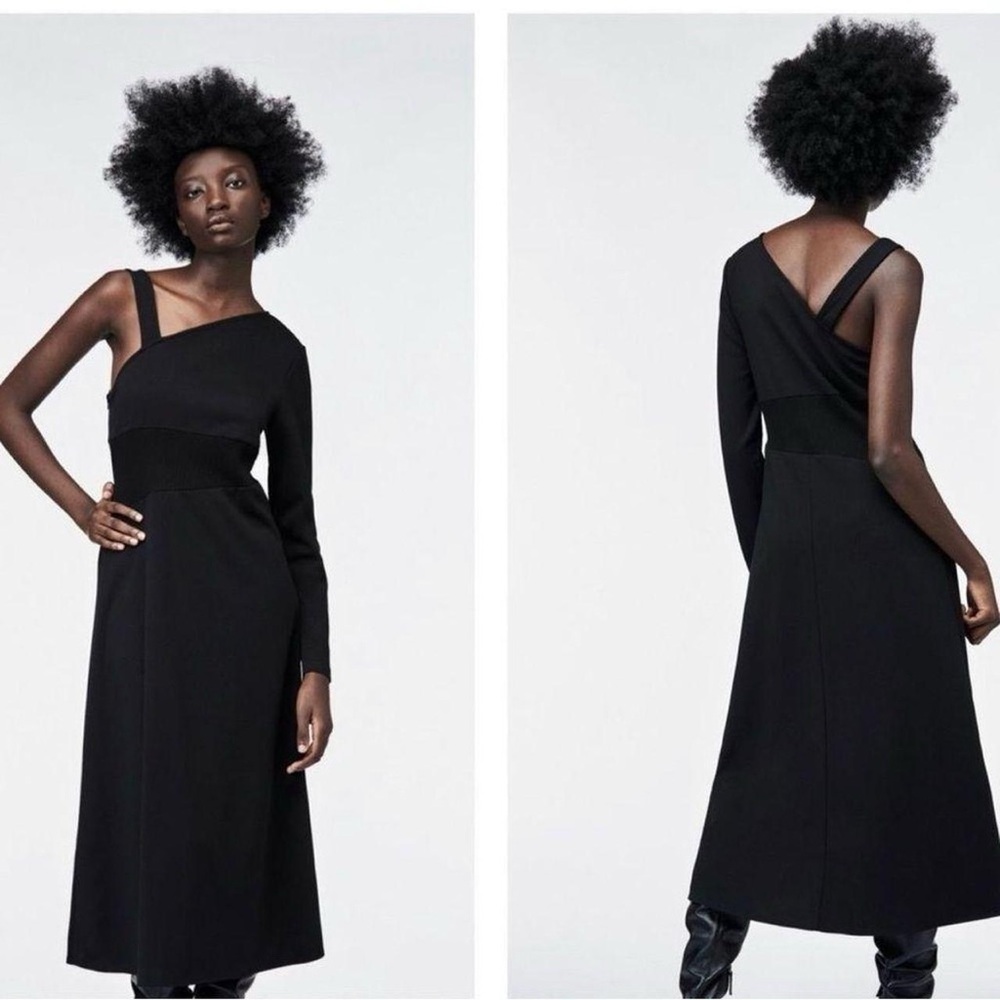 Zara Black Asymmetric Midi Dress Long Sleeve Sleeveless Size S - Picture 2 of 6